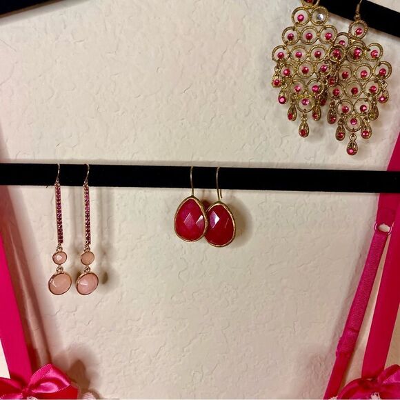 Gold & Pink Rhinestone Drop Earrings - Picture 2 of 4